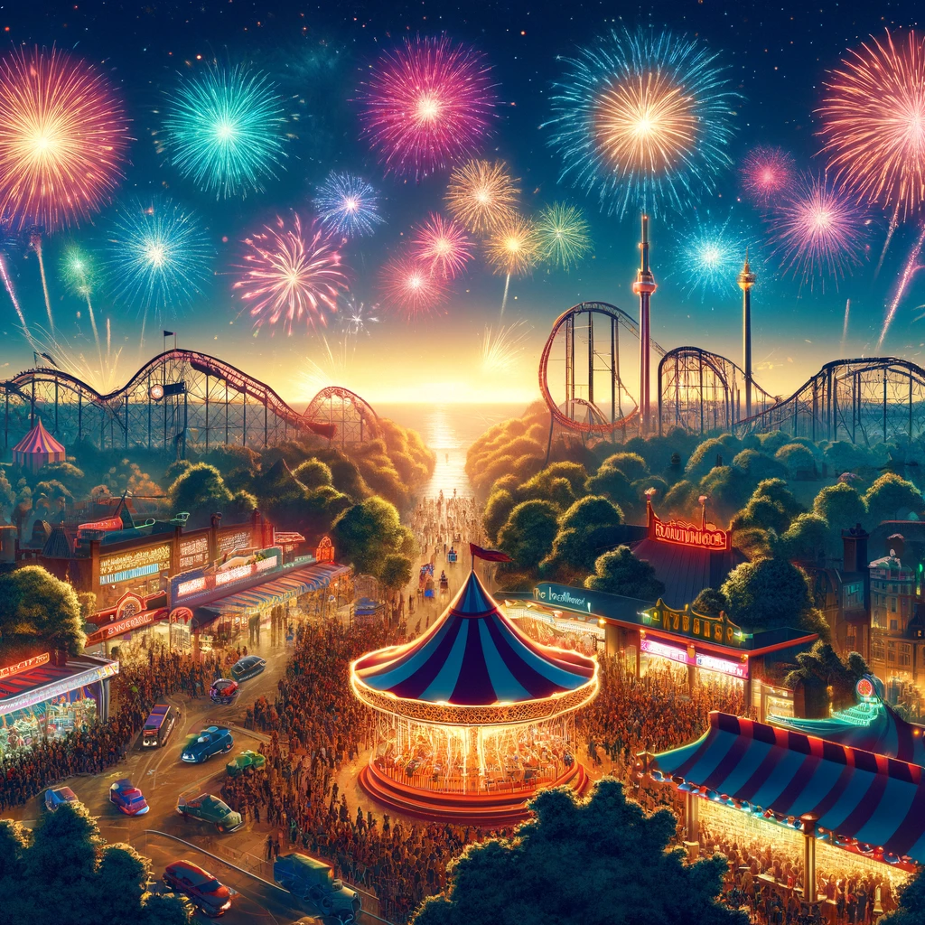 A realistic and detailed digital illustration of fireworks at an amusement park. The night sky is lit up with colorful bursts of fireworks. The amusement park is bustling with people watching the display, and the park's rides and attractions are illuminated. The scene is festive and lively, with vibrant colors and a joyful atmosphere.