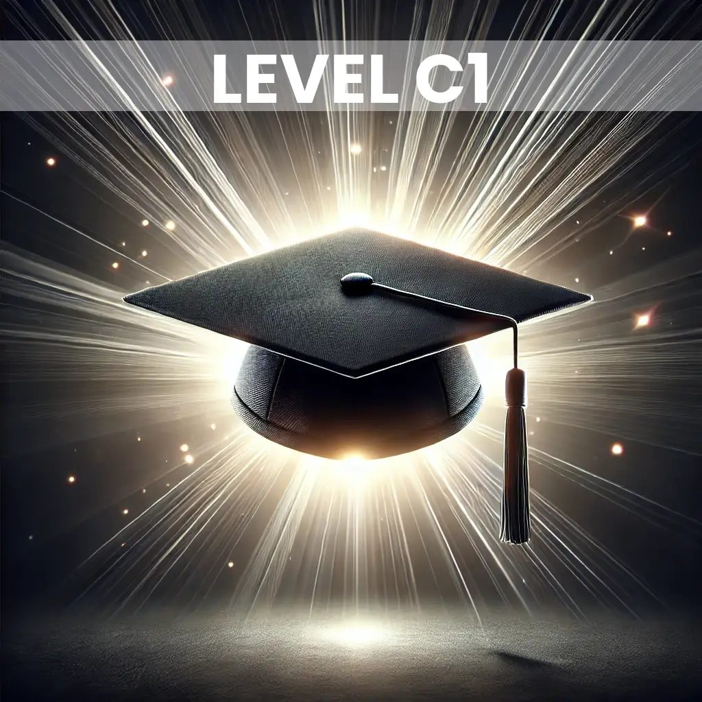 Graduation cap glowing with light, symbolizing C1 advanced English level