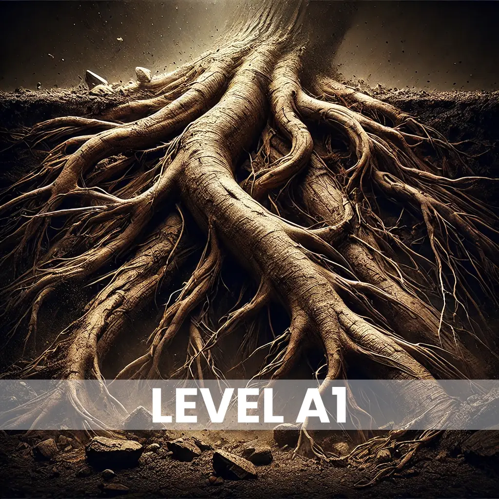 Illustration of strong tree roots symbolizing Level A1 beginner English foundation