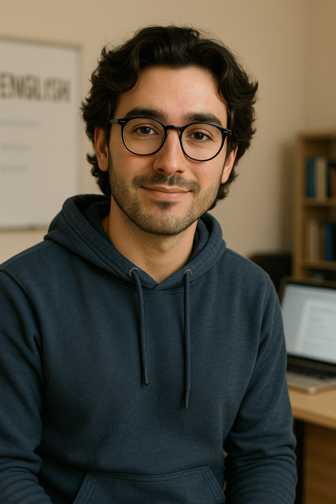 Retrato profesional de Atlas, profesor de inglés avanzado y coach de TOEFL en Infinite English Solutions, sentado en un aula moderna con una computadora portátil al fondo. Especialista en fluidez, redacción académica y estrategias para exámenes internacionales.