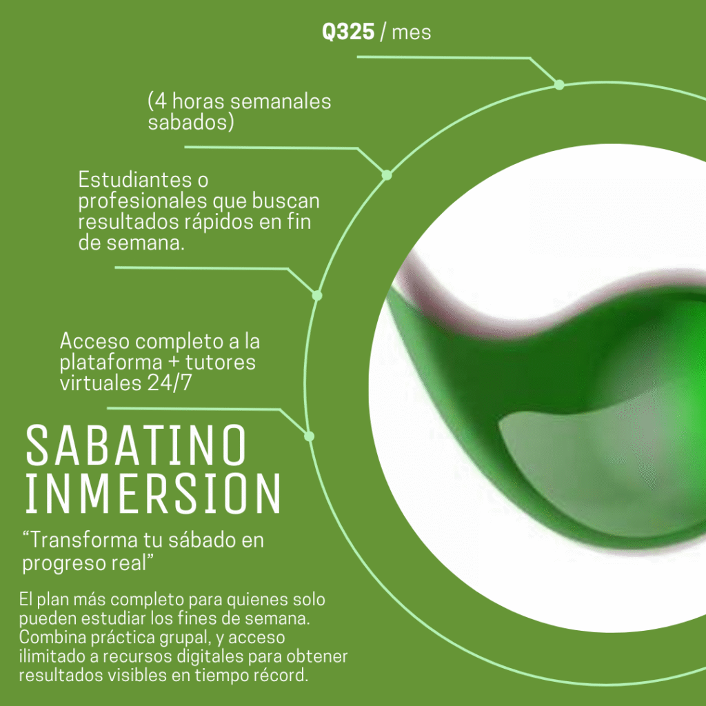 Gráfico informativo del Programa Sabatino Inmersión de Infinite English Solutions. Muestra el precio Q325 por mes, 4 horas semanales los sábados, acceso completo a la plataforma y tutores virtuales 24/7. Dirigido a estudiantes o profesionales que buscan resultados rápidos en fin de semana.