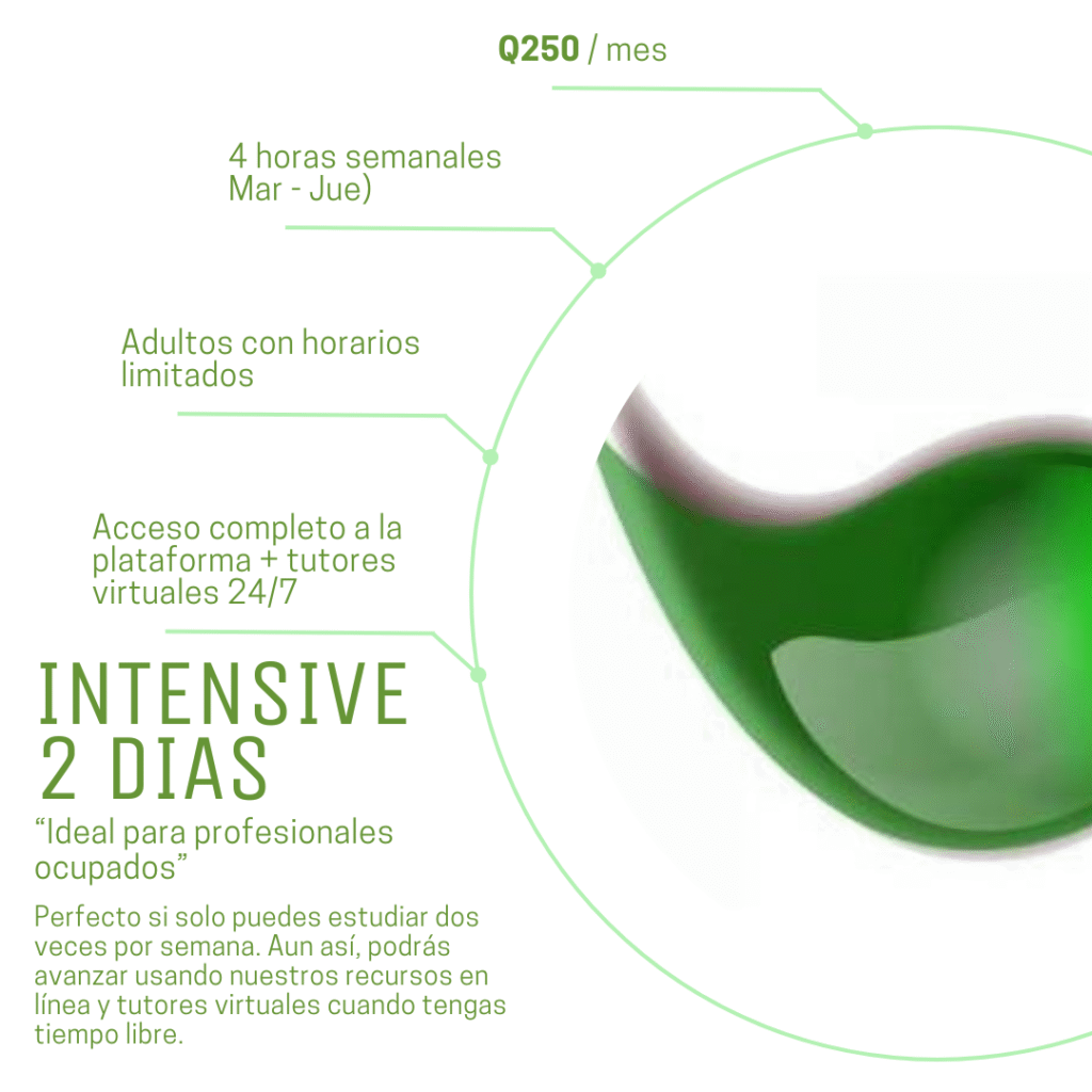 Gráfico informativo del Programa Intensivo 2 Días de Infinite English Solutions. Muestra el precio Q250 por mes, 4 horas semanales (martes y jueves), acceso completo a la plataforma y tutores virtuales 24/7, ideal para adultos con horarios limitados.