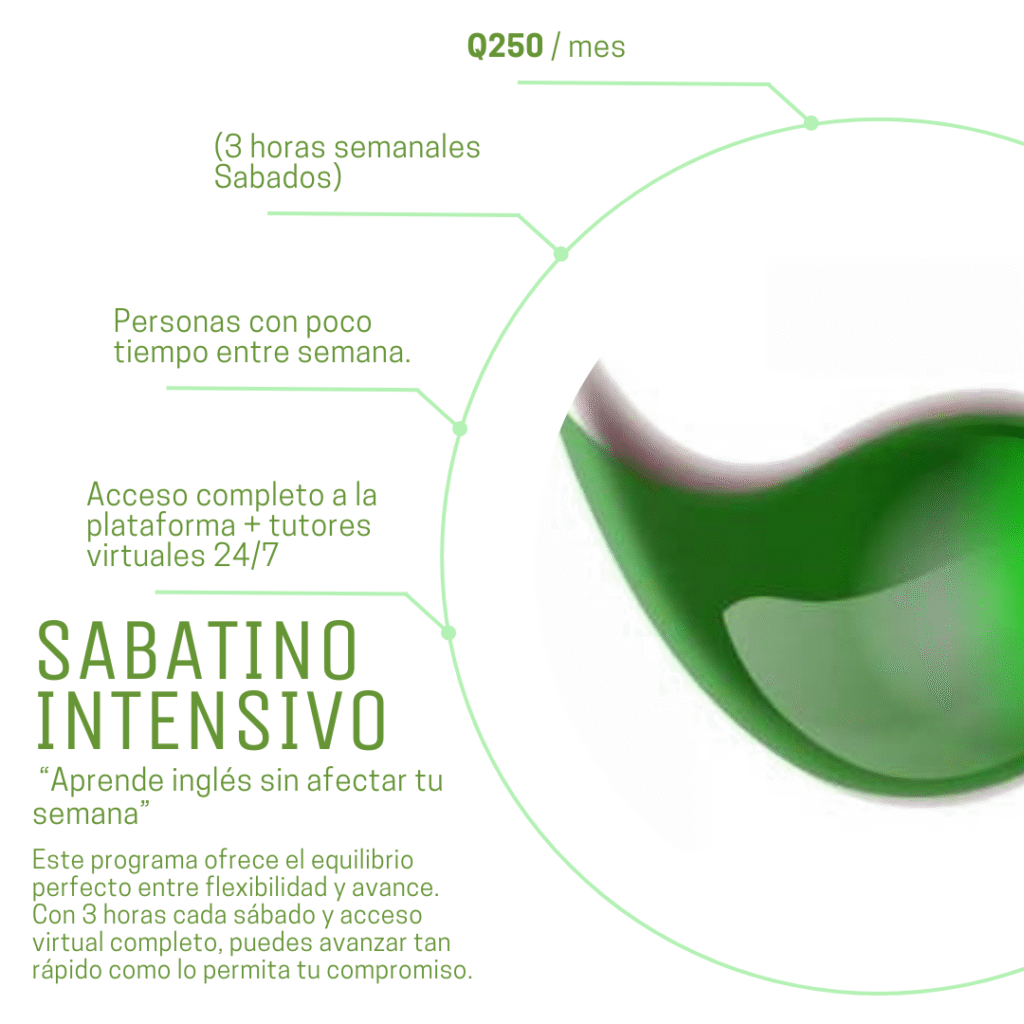 Gráfico informativo del Programa Sabatino Intensivo de Infinite English Solutions. Muestra el precio Q250 por mes, 3 horas semanales los sábados, acceso a la plataforma y tutores virtuales 24/7, dirigido a personas con poco tiempo entre semana.